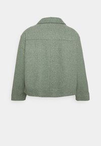 Green, wool-blend jacket with a collared neckline, relaxed fit, dropped shoulders, and a straight hem. Smooth texture; no visible hardware.