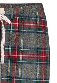 Kárované volnočasové kalhoty v šedé, červené, zelené a modré barvě. Vyrobené z měkkého materiálu s elastickým pasem a bílým šňůrkem.