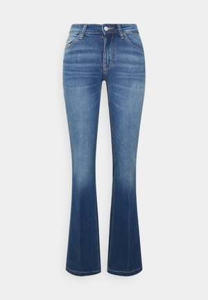 Blaue Jeans aus Denim mit hoher Taille und ausgestellten Beinen, mit Fronttaschen, Gürtelschlaufen, Knopf- und Reißverschluss.