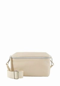 Beige læder crossbody taske med rektangulær form, lynlås lukning og aftagelig rem. Har glat tekstur og sølv hardware detaljer.