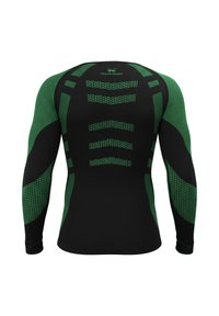 Long-sleeve athletic shirt in black with green accents, featuring a textured pattern and fitted design, made from stretchable, breathable material.