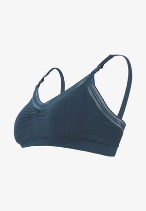 Bralette bleu foncé en tissu doux avec une texture lisse, dotée de dentelle sur les bords et de bretelles réglables. Design sans couture.