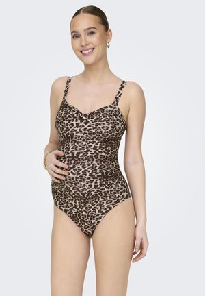 Maillot de bain une pièce à imprimé léopard en beige et marron, avec des bretelles réglables, un col en cœur et un tissu texturé.