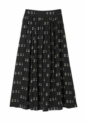Black skirt with a gathered waist, featuring a scattered white and silver pattern. The fabric appears soft and flowing.