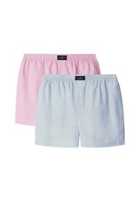 Två par kalsonger: ett i enfärgad rosa och det andra i ljusblå med ett litet mönster. Båda har elastiska midjeband och knappstängningar.