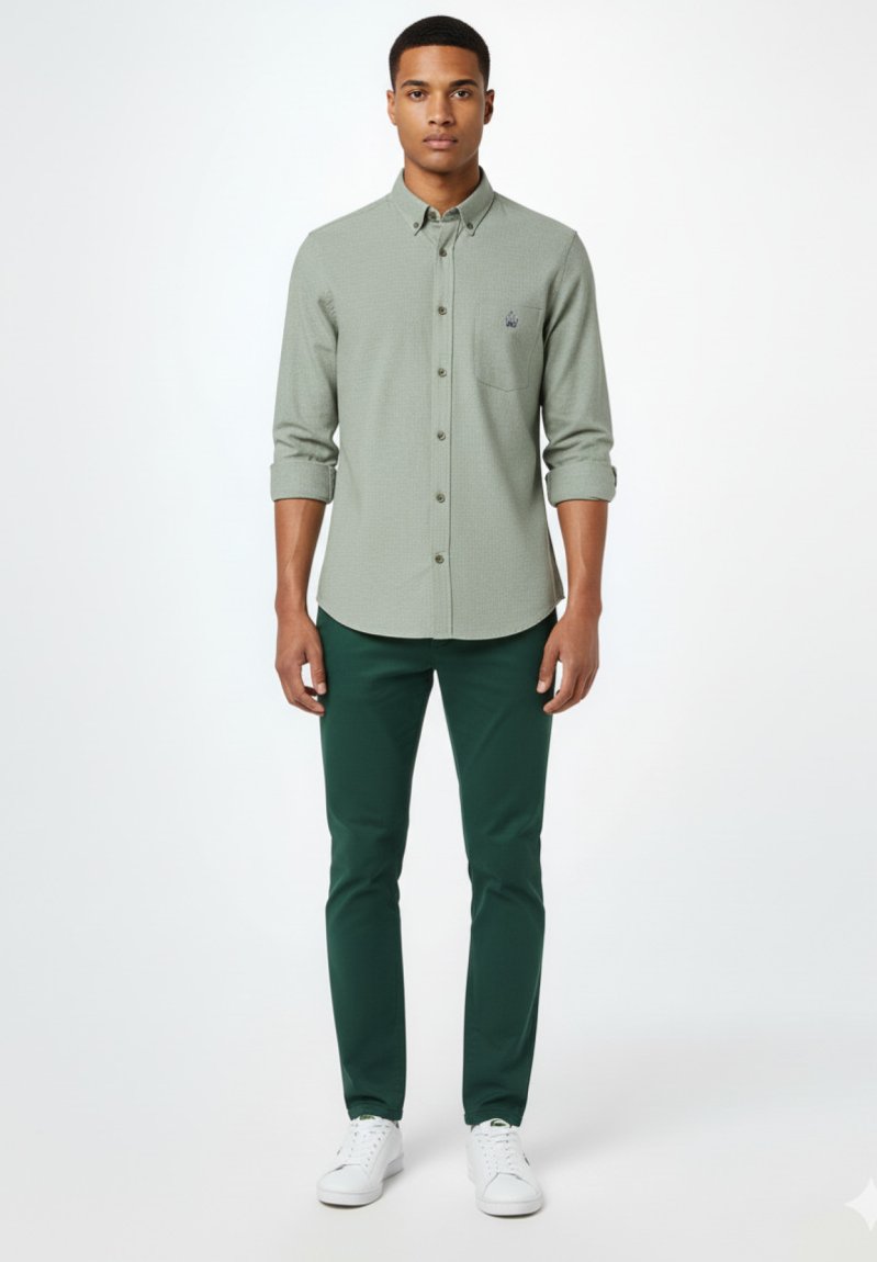 Joven de pie, vistiendo una camisa verde claro abotonada con las mangas remangadas, pantalones verde oscuro y zapatillas blancas sobre un fondo blanco liso.