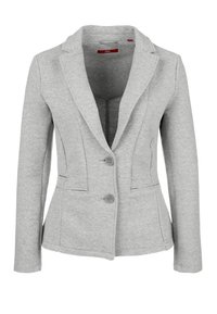 Blazer grigio in tessuto jersey, con colletto a punta, due bottoni frontali e vestibilità affusolata con dettagli di cucitura a vista.
