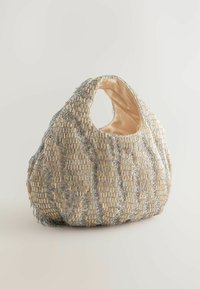 Perlebroderet hobo taske i beige med flerfarvede glasperler, der har en blød, struktureret overflade, stor åbning og et enkelt, rundt håndtag.