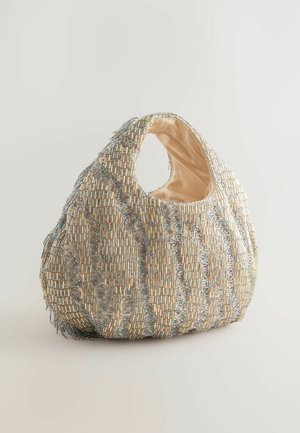 Beutelhobo aus beigem Material mit mehrfarbigen Glasperlen, ausgestattet mit einer weichen, strukturierten Oberfläche, einer großen Öffnung und einem einzelnen abgerundeten Griff.