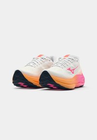 Running shoes with a mesh upper in white, gradient midsole transitioning from orange to pink, and black outsole with pink accents.