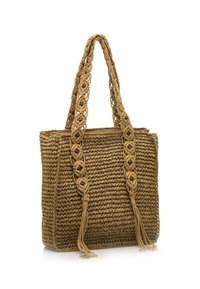 Bolso de paja trenzada en color marrón natural con asas trenzadas y detalles de borlas. Forma cuadrada con un acabado texturizado y lados estructurados.