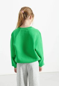 Felpa verde in cotone con maniche raglan e colletto a costine, abbinata a pantaloni della tuta grigi. Texture liscia, vestibilità comoda.