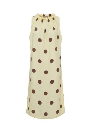 Ærmeløs beige kjole til knæet med brune polkaprikker og en rynket, elastisk halsudskæring.