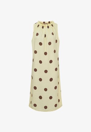 Ærmeløs beige kjole til knæet med brune polkaprikker og en rynket, elastisk halsudskæring.