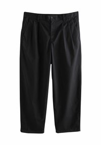 Zwarte cropped broeken met een platte voorkant, geplooid ontwerp, elastische tailleband en knoopsluiting. Gemaakt van gladde, lichte stof.