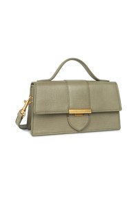 Borsa a tracolla rettangolare in finta pelle verde testurizzata con una chiusura dorata, manico corto e tracolla regolabile.