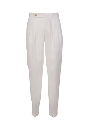 Pantalones de lino blancos con cintura alta, que presentan pliegues en la parte frontal, un cierre de botón y piernas ajustadas. Textura suave y diseño minimalista.