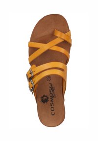 Žluté sandály na poprse s dvěma stříbrnými sponami, korkovou stélkou a hladkým povrchem. Na vnitřní straně je vytištěno logo.