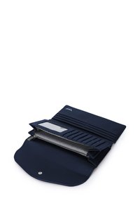Navy blue wallet with a textured exterior, multiple card slots, a zippered compartment, and a patterned lining for organization.