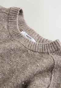Soft beige knit sweater with small silver sequins and ribbed neckline, featuring a white clothing label with "NEXT" text.