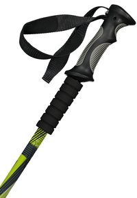 Impugnatura nera per bastone da trekking con gomma testurizzata e cinturino da polso; albero dai colori vivaci con linee grigie e motivi geometrici.