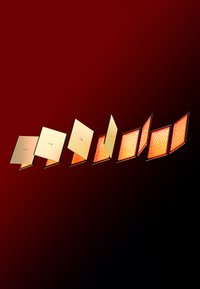 Gold rectangular panels are arranged in a staggered formation, featuring a textured orange interior and a smooth exterior, displaying a modern design.