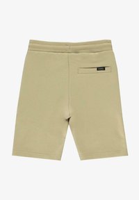 Khaki korte broek van zacht stof; heeft een elastische tailleband, gestikte zomen en een kleine merkkast aan de achterkant.