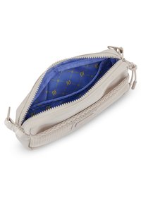 Pochette beige chiaro con un esterno testurizzato, chiusura a zip e fodera interna blu con un motivo di lettere gialle "ju."