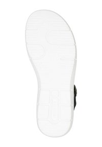 Die Schuhsohle besteht aus einem weißen Gummimaterial mit strukturierten Mustern, darunter Rillen und kreisförmige Details für Traktion und Haltbarkeit.