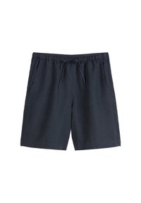 Pantaloni corti casual blu navy con vita elastica, cordoncino, tasche laterali e orlo dritto, adatti per un abbigliamento rilassato.
