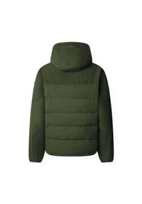 Chaqueta acolchada de color verde oscuro con capucha, que presenta paneles acolchados horizontales y una textura suave. Sin hardware o acentos visibles.