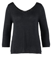 Pull noir en maille avec manches longues, col en V, texture légère et légèrement ample.