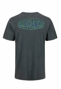 Grau kurzärmeliges T-Shirt mit "SEAHawks" in Grün und Blau auf der Rückseite, runder Ausschnitt und weicher Textur.