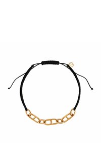Złota bransoletka z czarnym sznurkiem. Charakteryzuje się wydłużonymi ogniwami o polerowanej powierzchni, regulowanym zapięciem na węzeł oraz małym akcentem logo.