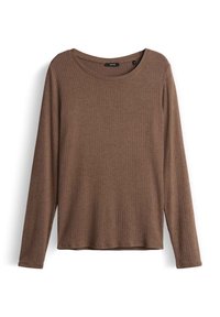 Brown long-sleeve ribbed knit top with round neckline, slim fit, and subtle texture, displayed on a white background.