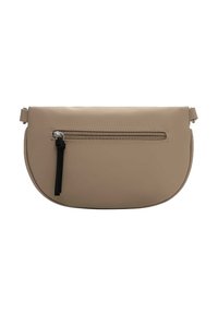 Beige rechthoekige crossbodytas met een gladde afwerking, voorzien van een voorvak met rits, een zwarte ritssluiting en een verstelbare riem.