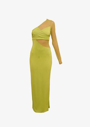 Lime green dress with a single long sleeve, wrap bodice, cutout detail at the waist, and a straight skirt. Made of smooth, stretchy fabric.