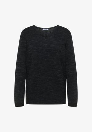Czarny sweter z długim rękawem i dekoltem w kształcie litery V, wykonany z teksturowanej tkaniny z różnorodnymi szarymi włókienkami. Bez wyraźnych elementów metalowych.