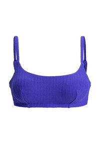 Lila ribbad bikiniöverdel med tunna, justerbara axelband och fyrkantig halsringning, med ett texturerat tyg och sömlös design.