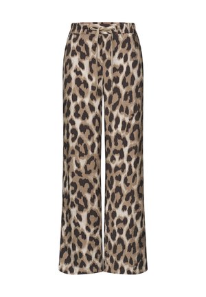 Bukser med løs pasform i beige og mørkebrunt leopardmønster og elastisk talje med snøre.