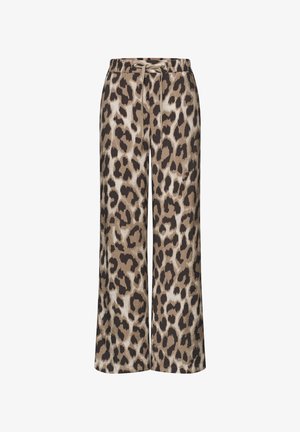 Pantalon ample avec imprimé léopard beige et marron foncé, taille élastique avec cordon de serrage.