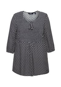 Blouse marine à manches trois-quarts, col rond et petits motifs en forme de cœur blancs sur l'ensemble, avec un corsage froncé et un détail de nœud.