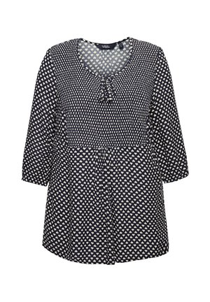 Blusa blu navy con maniche a tre quarti, scollatura rotonda e piccoli motivi a cuore bianchi su tutto il tessuto, con un corpino arricciato e dettaglio con lacci.