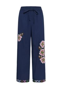 Pantaloni largi de culoare bleumarin, cu un brâu elastic, având broderie florală în nuanțe de roz, verde și maroniu pe picioare și la tiv.