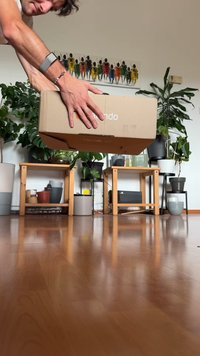 Hnedá kartónová krabica sa zdvíha, s viditeľnými rukami. V pozadí sú rastliny a drevený nábytok na lesklých drevených podlahách.