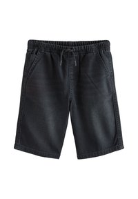 Shorts en denim noir avec une ceinture élastique, un cordon de serrage ajustable et deux poches avant. Texture lisse avec des détails de couture subtils.