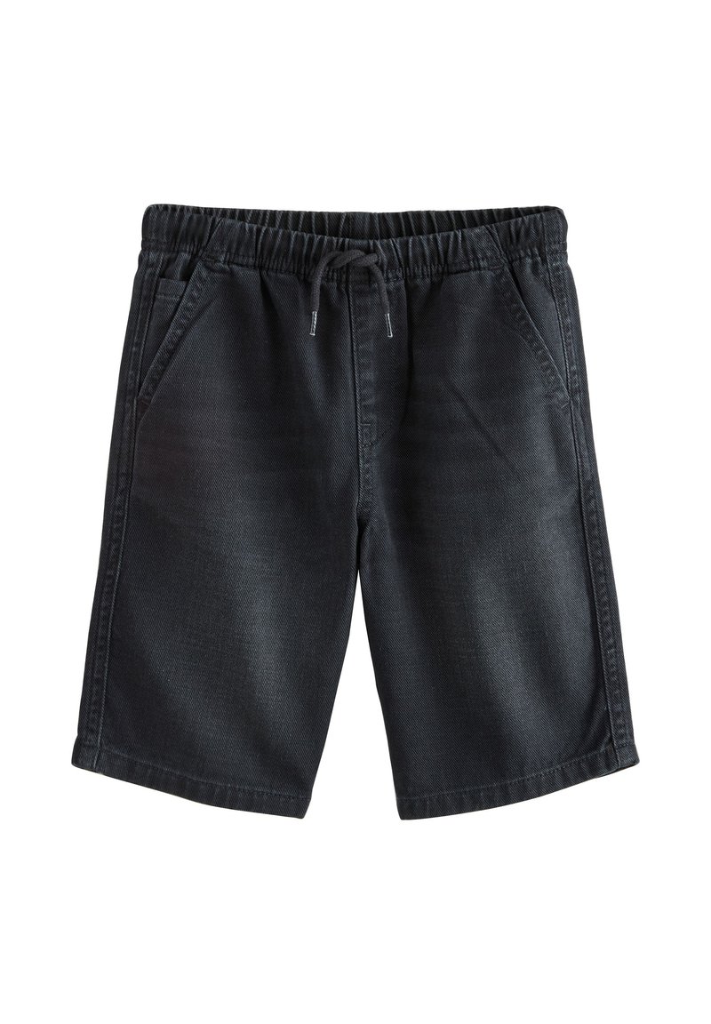 Shorts en denim noir avec une ceinture élastique, un cordon de serrage ajustable et deux poches avant. Texture lisse avec des détails de couture subtils.