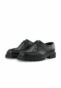Chaussures noires en cuir avec un bout arrondi, un laçage et une surface texturée. Dotées d'une épaisse semelle en caoutchouc à motifs pour une meilleure adhérence.