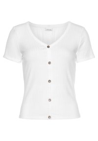 Bílý pruhovaný top s krátkým rukávem a výstřihem do V, se pěti hnědými knoflíkovými detaily uprostřed a přiléhavým střihem.