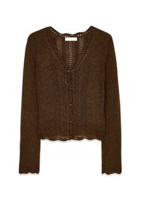 Bruine gebreide cardigan met een V-hals, knoopsluiting en golvende randen. Heeft een textuurpatroon en lange mouwen. Lichtgewicht stof.